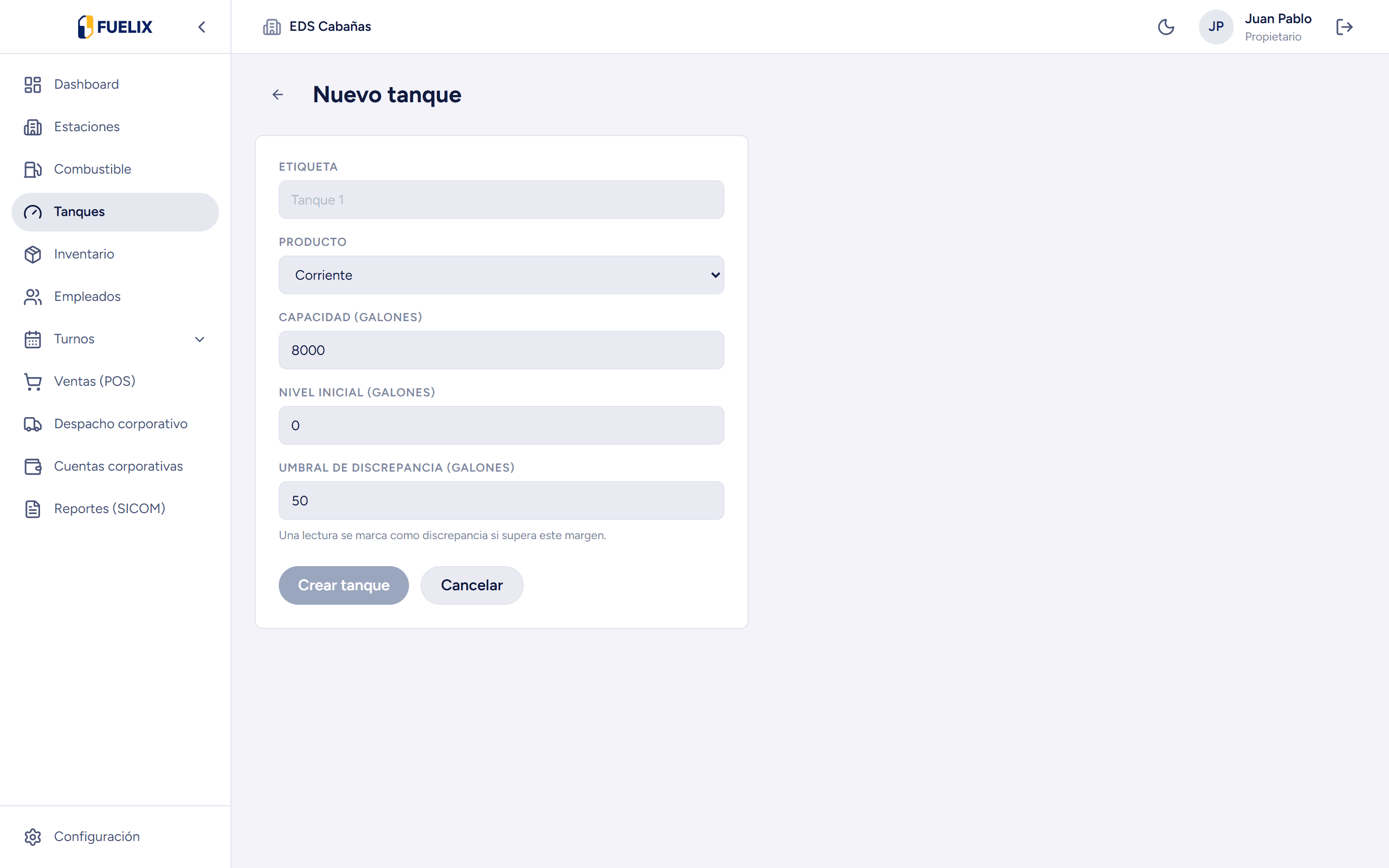 Configuración de Nuevos Tanques