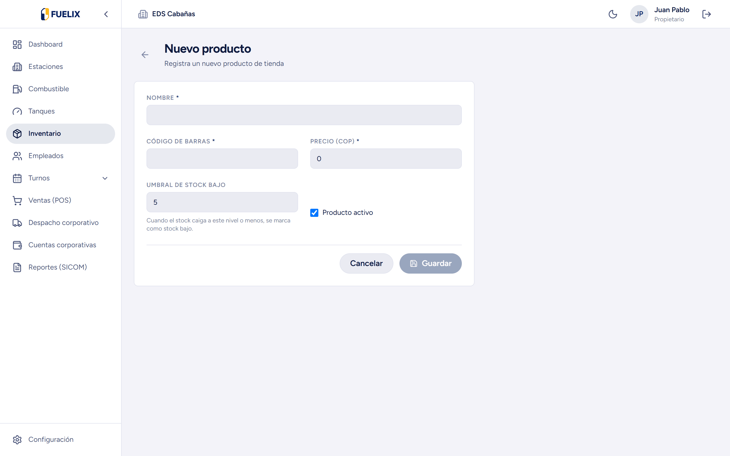 Alta de Productos de Pista